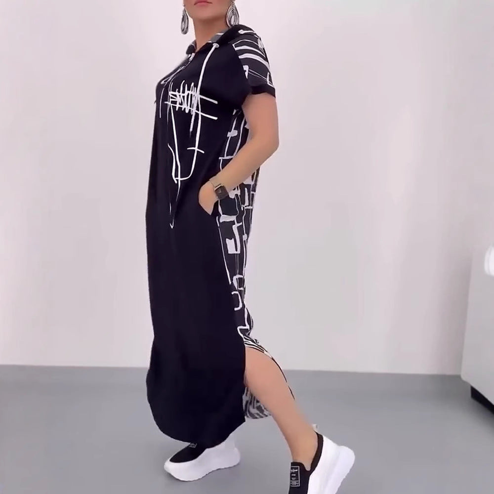 Damen nan urbanes Kapuzen‑Kaftankleid in lockerem Fall mit kurzärmeligem Schnitt und abstraktem Grafikmuster Drune