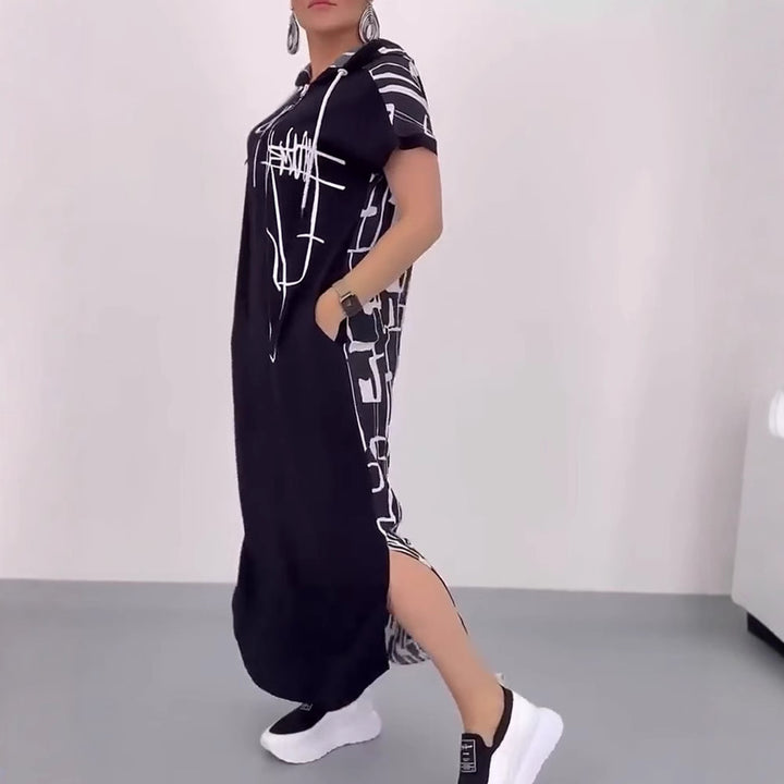 Damen nan urbanes Kapuzen‑Kaftankleid in lockerem Fall mit kurzärmeligem Schnitt und abstraktem Grafikmuster Drune