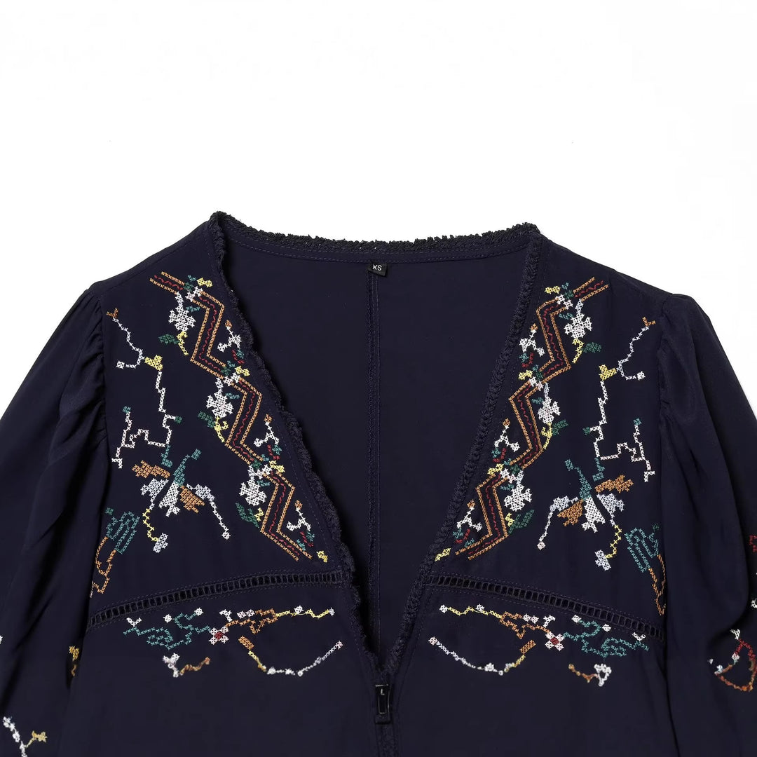 Damen Bestickte Kimono‑Bluse mit Bindebändern und Zierhäkelkante Drune