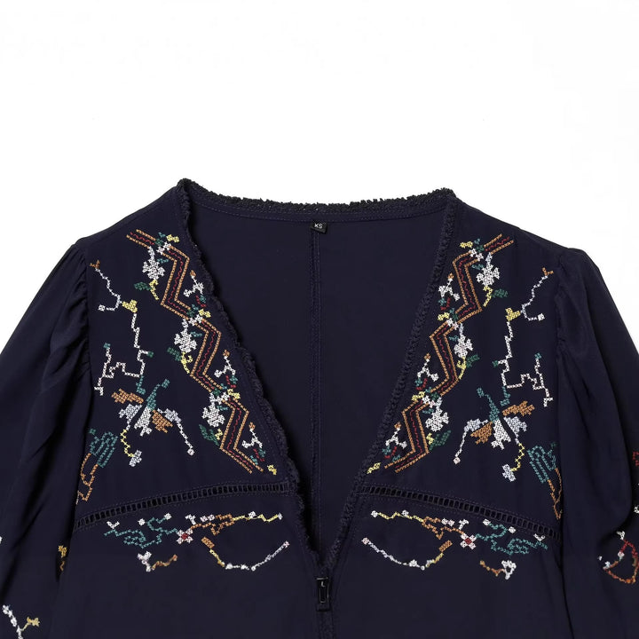 Damen Bestickte Kimono‑Bluse mit Bindebändern und Zierhäkelkante Drune
