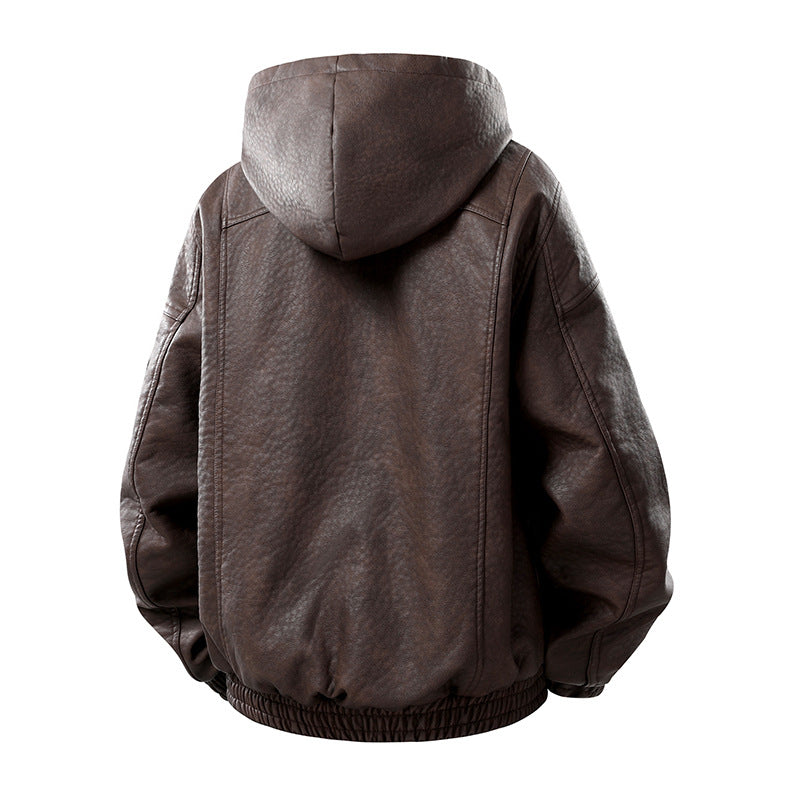 Herren Kunstleder-Bomberjacke mit Teddyfutter, Kapuze und Utility-Ärmeltasche Drune