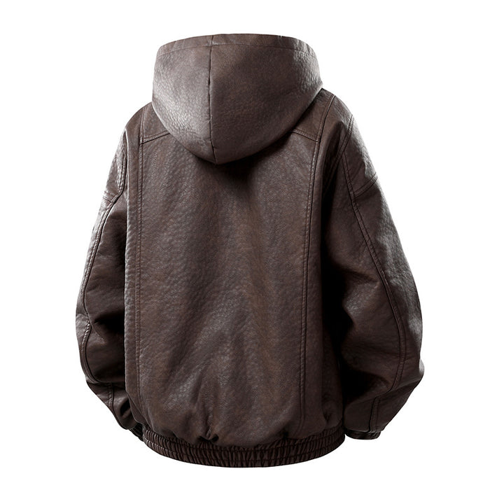 Herren Kunstleder-Bomberjacke mit Teddyfutter, Kapuze und Utility-Ärmeltasche Drune