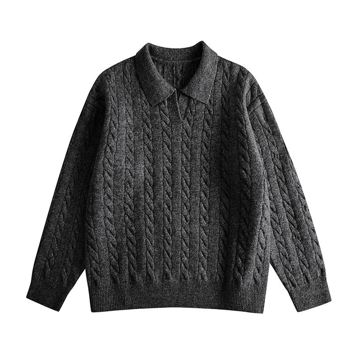 Damen Oversize Kabelstrick-Polo-Pullover mit V‑Ausschnitt und geripptem Saum Drune