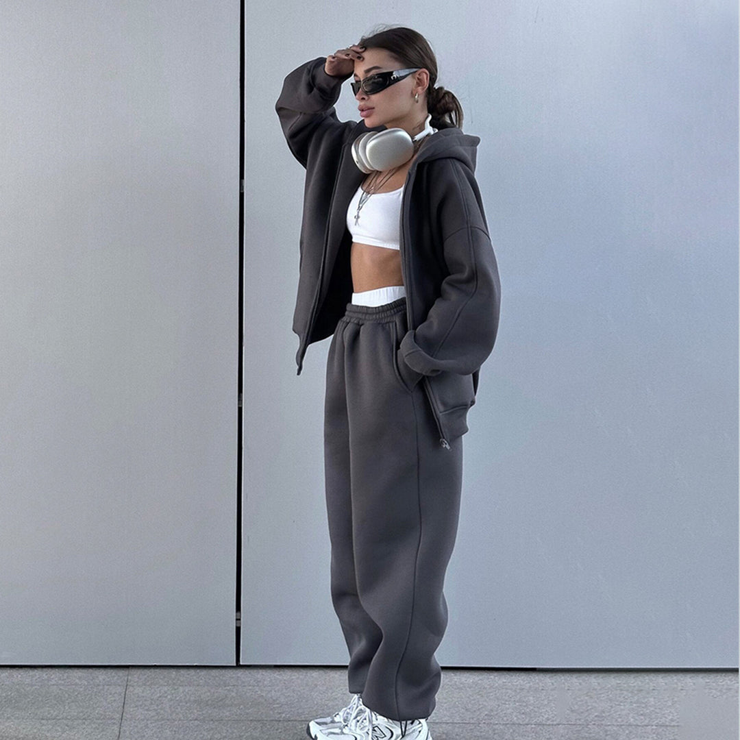 Damen Bequemes Fleece-Hausanzug-Set mit Hoodie und elastischem Bund Drune