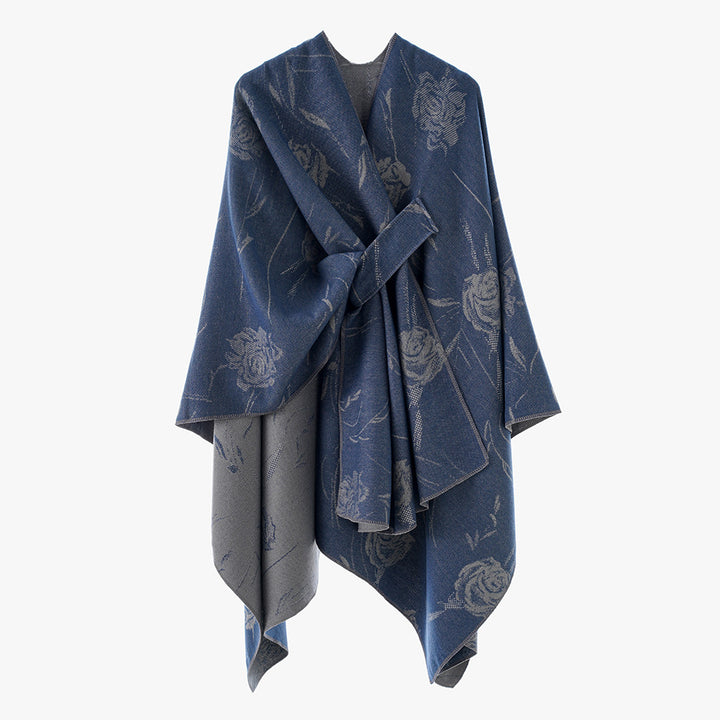 Damen Wendbarer Capeponcho mit Rosen-Jacquard und Bindegürtel Drune