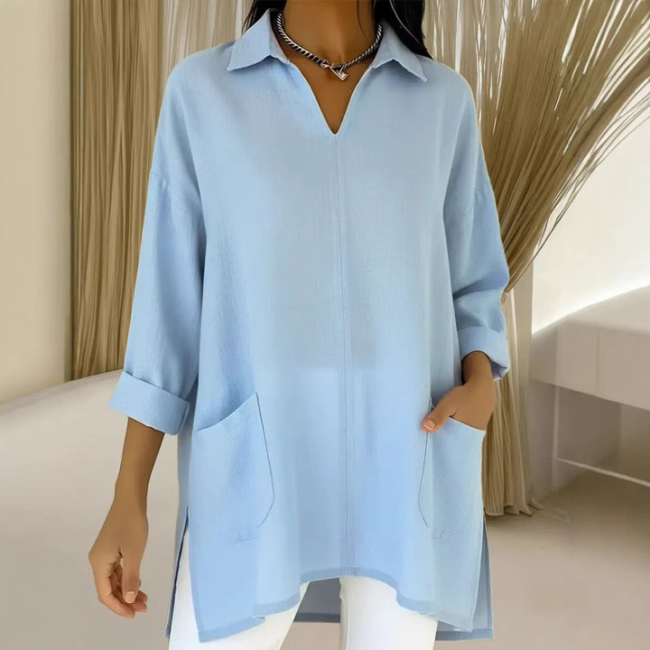 Damen Oversize-Tunika mit Hemdkragen, V-Ausschnitt und aufgesetzten Taschen Drune