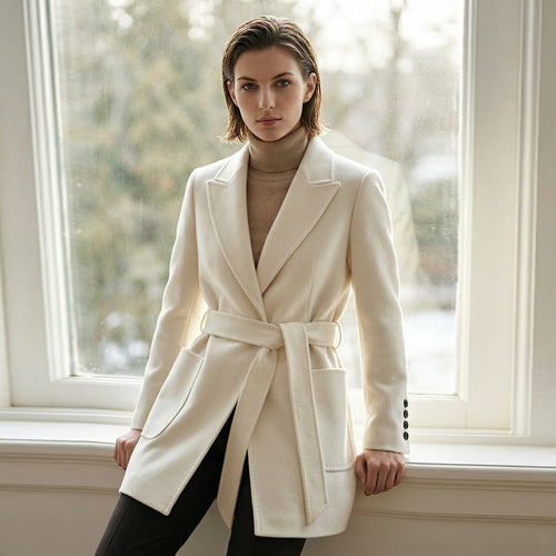 Damen Eleganter Wickelmantel mit Taschen und Gürtel Drune