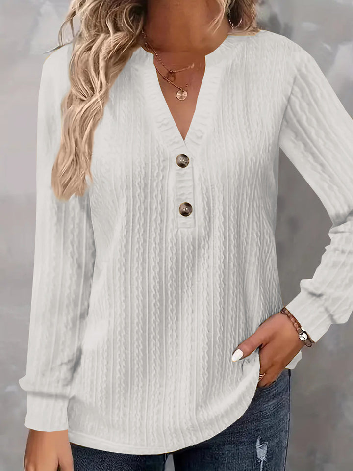 Damen Strukturiertes V‑Neck Langarmshirt mit Zierknopfleiste Drune
