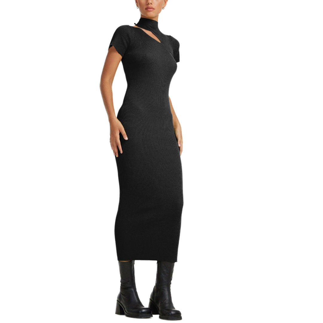 Damen figurbetontes Strickkleid mit asymmetrischem Ausschnitt und hohem Kragen Drune
