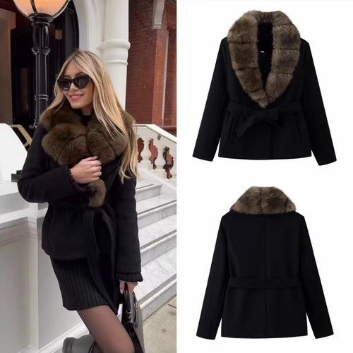 Damen Kurzer Wollmix-Mantel mit abnehmbarem Faux-Fur-Schalkragen und Taillengürtel Drune
