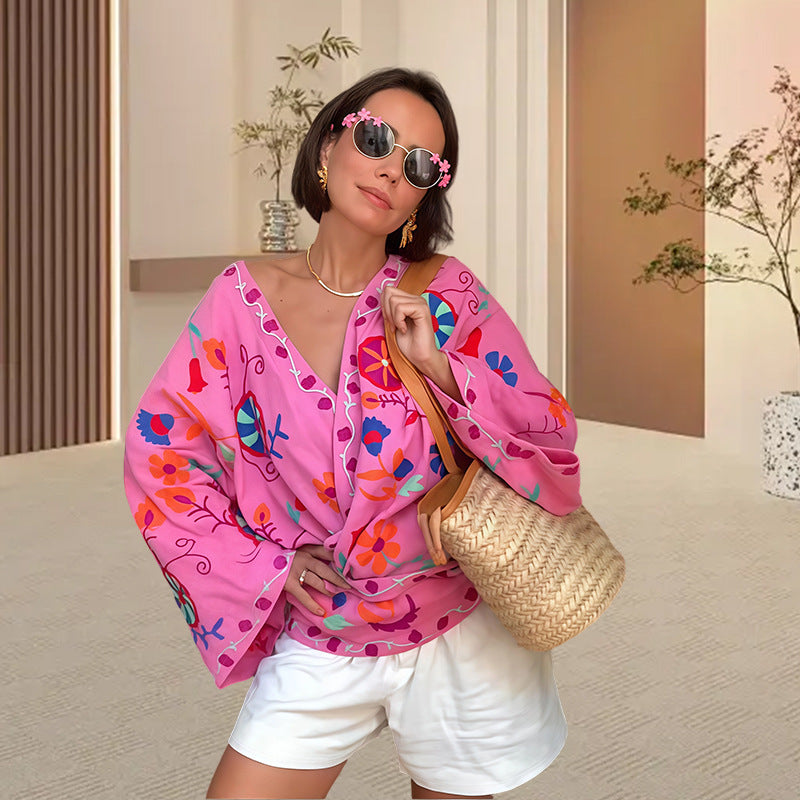 Damen Strandkimono mit buntem Blumenmuster und lässigem Schnitt Drune