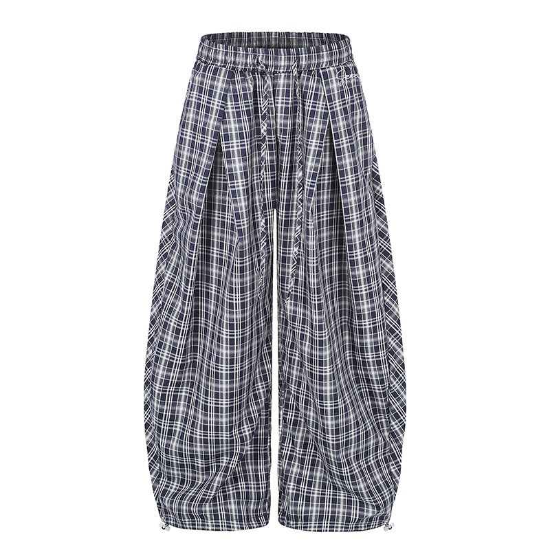 Damen Weite Harem-Ballonhose mit elastischem Bund, Kordelzug und Karomuster Drune