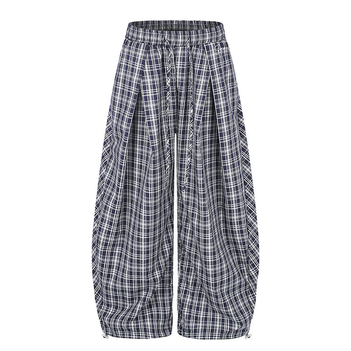 Damen Weite Harem-Ballonhose mit elastischem Bund, Kordelzug und Karomuster Drune