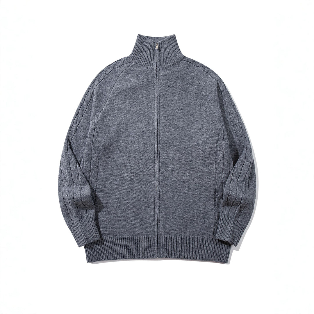 Herren Grobstrick‑Zipjacke mit Funnelkragen, Raglanärmeln und Zopfmuster Drune