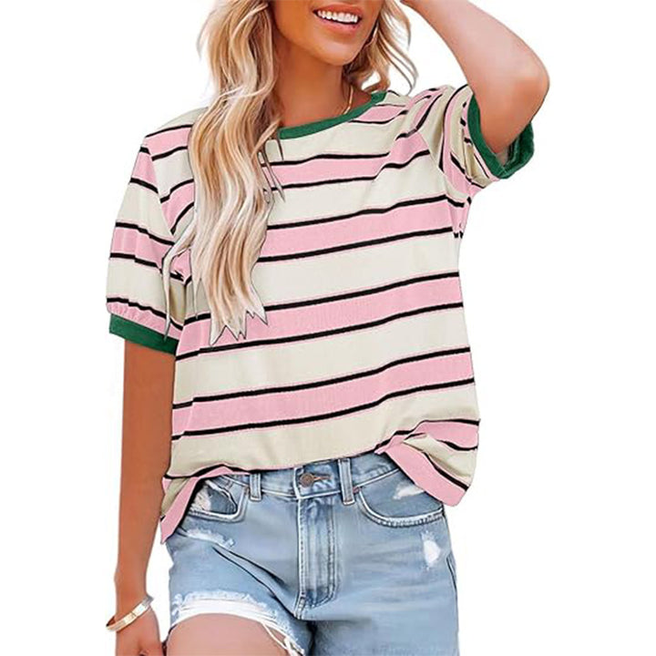 Damen lässiges Streifen T-Shirt mit Kurzarm und Rundhalsausschnitt Drune
