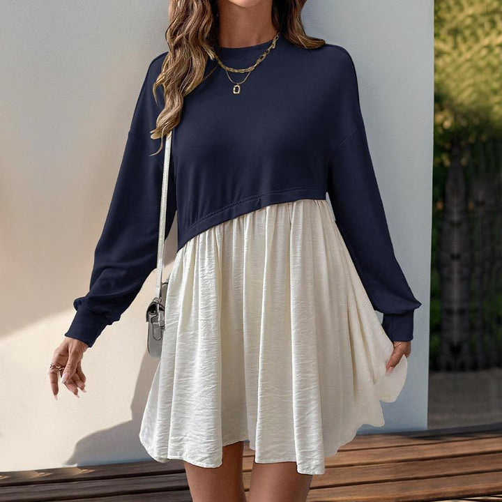 Damen Lässiges Sweatshirt-Babydoll-Kleid mit asymmetrischer Taillennaht und weiter Stufenrock Drune