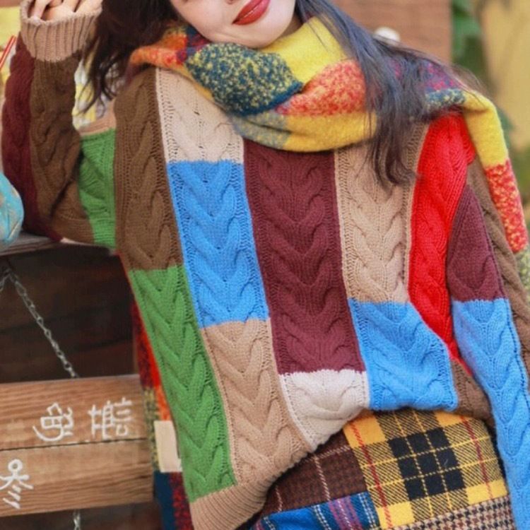 Damen Grobstrickpullover mit auffälligem Patchwork-Muster Drune