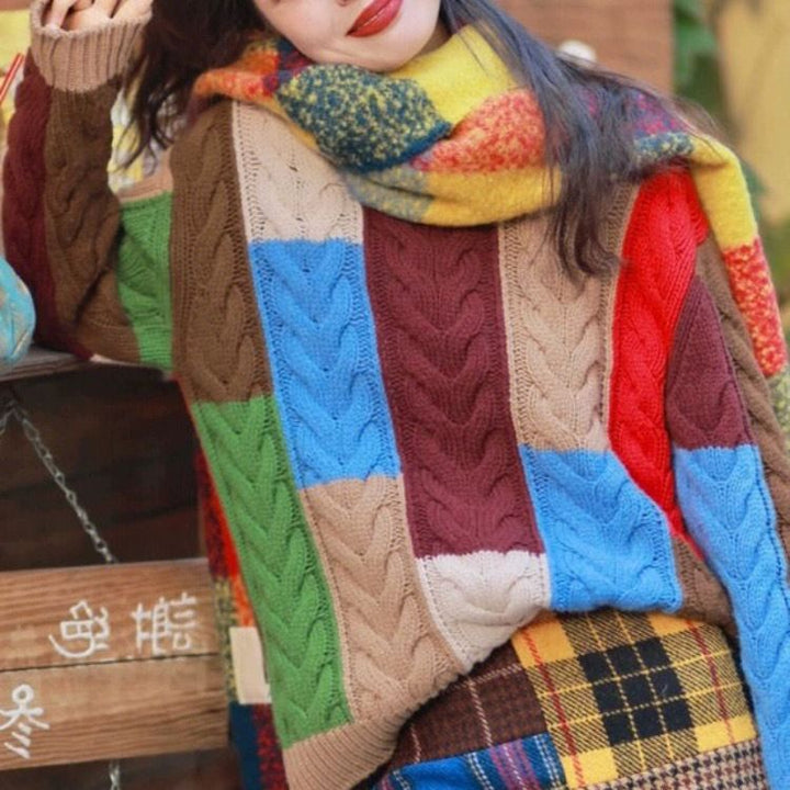 Damen Grobstrickpullover mit auffälligem Patchwork-Muster Drune