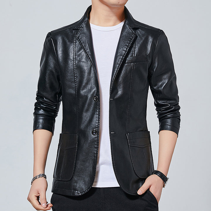 Herren Slim‑Fit Kunstleder‑Sakko mit Reverskragen und aufgesetzten Pattentaschen Drune