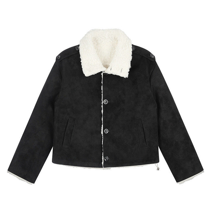 Damen Kurzgeschnittene Lammfell‑Optik Fliegerjacke mit Teddyfutter und Reverskragen Drune