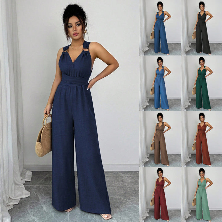 Damen Jumpsuit mit weitem Bein, tailliertem Wickelband und Ösen-Trägern Drune
