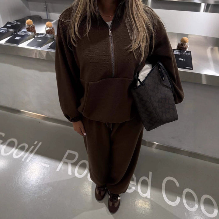 Damen lässiger Zip-Pullover mit weiten Ärmeln und bequemen Jogginghosen Drune
