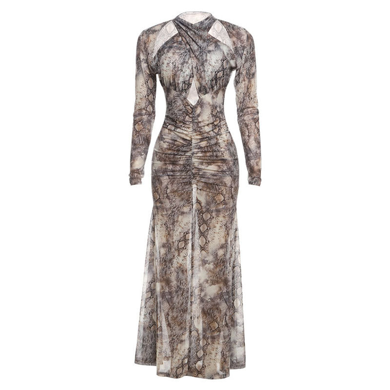 Damen Schlangehaut Maxikleid mit raffiniertem Schnitt und Deep-V-Ausschnitt Drune