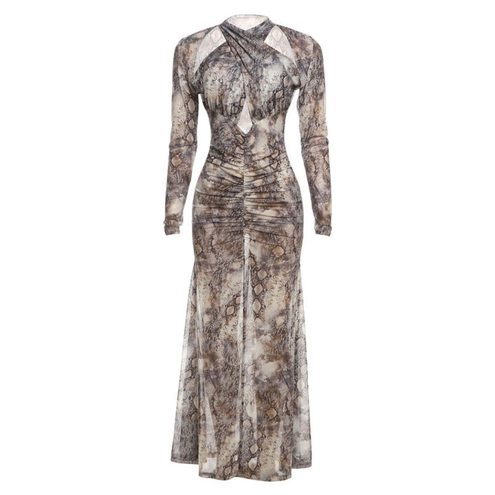 Damen Schlangehaut Maxikleid mit raffiniertem Schnitt und Deep-V-Ausschnitt Drune
