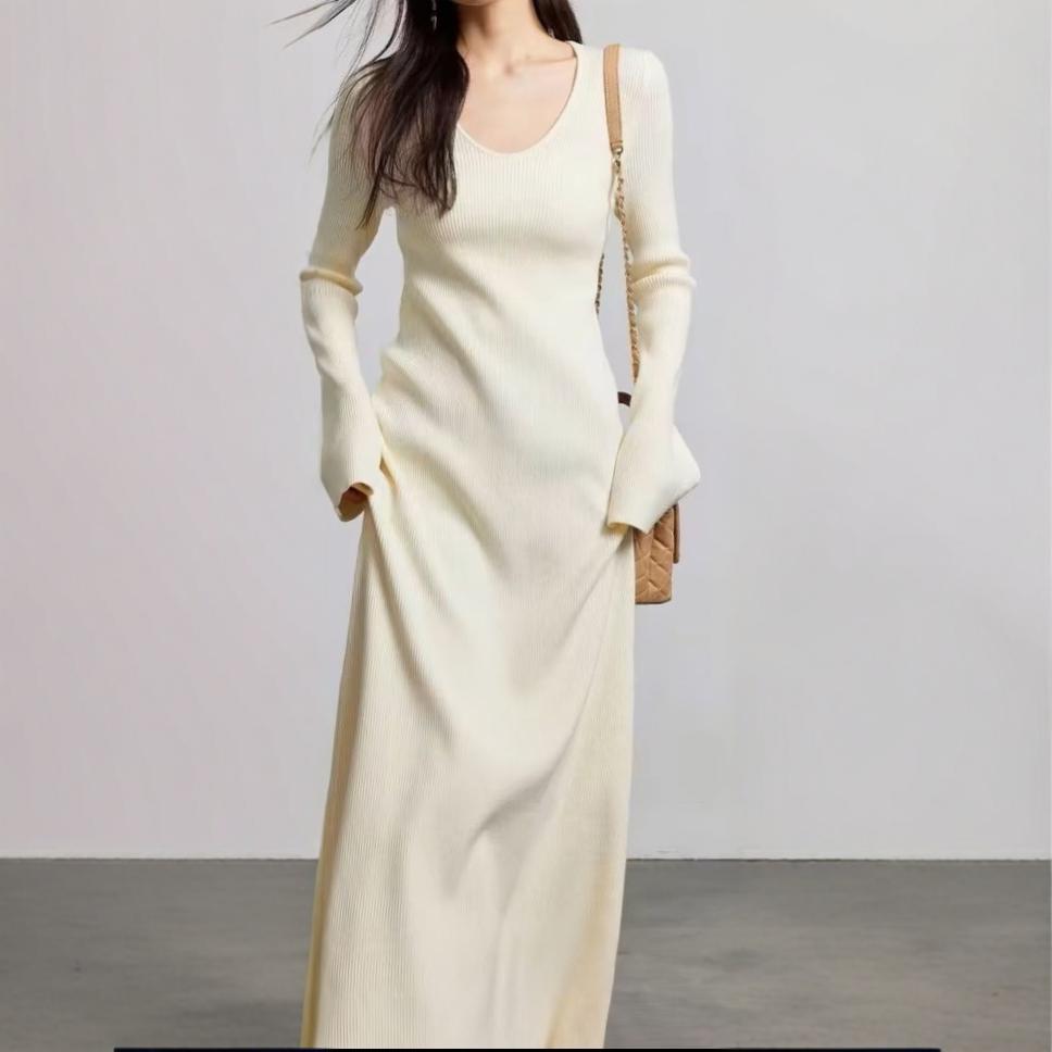 Damen elegantes Maxikleid mit feiner Rippstruktur und V-Ausschnitt Drune