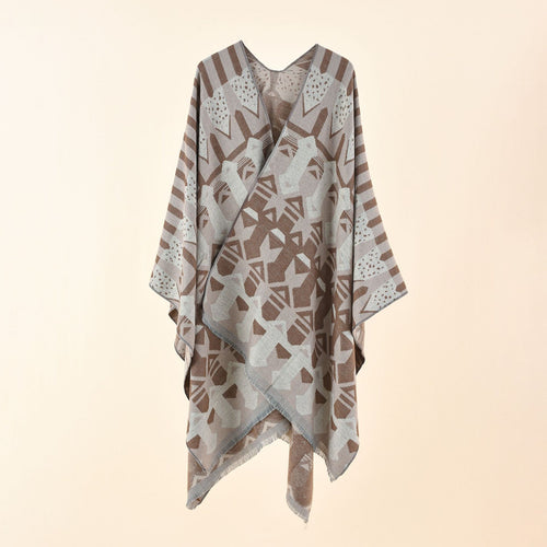 Damen Strick-Überwurfcape im Ruana-Stil mit grafischem Jacquard und Fransensaum Drune