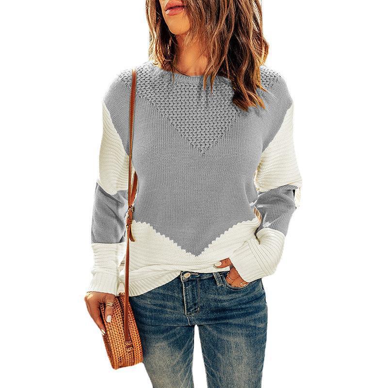 Damen Farbblock-Strickpullover mit strukturiertem Yoke und gerippten Ärmeln Drune