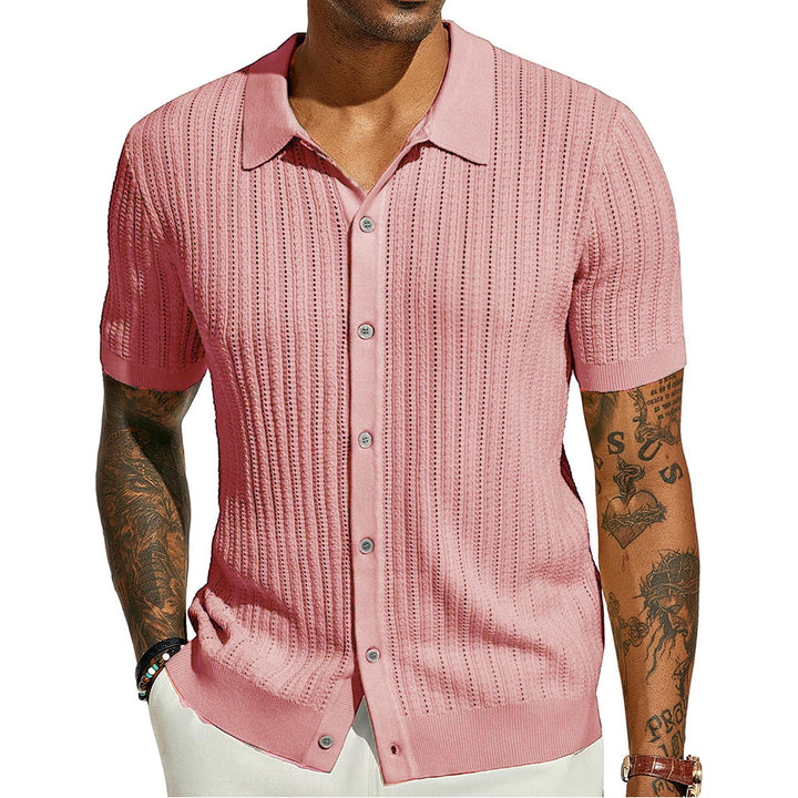 Herren Kurzarm Strickhemd mit feiner Lochstruktur und klassischem Kragen Drune