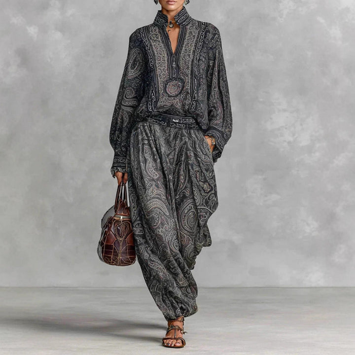 Damen Fließendes Boho-Zweiteiler-Set mit weiter Tunika und Haremshose im Paisley-Design Drune