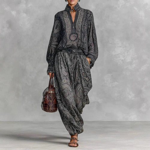 Damen Fließendes Boho-Zweiteiler-Set mit weiter Tunika und Haremshose im Paisley-Design Drune