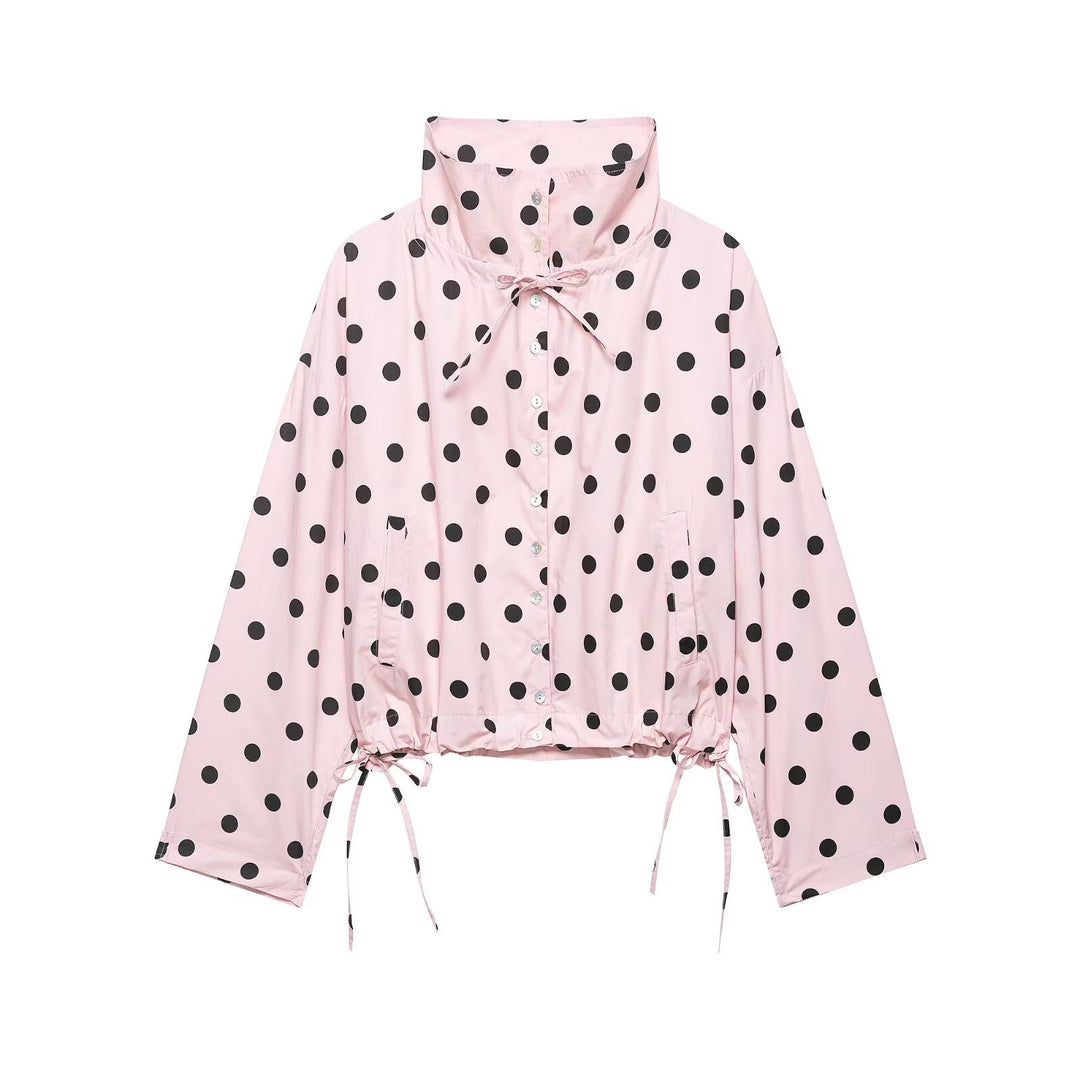 Damen Gepunktete Cropped-Übergangsjacke mit hohem Stehkragen, Tunnelzug und Oversize-Ärmeln Drune