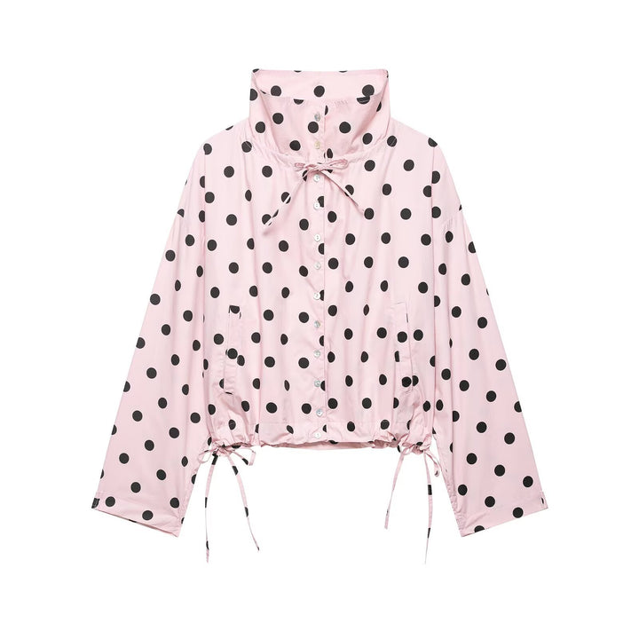 Damen Gepunktete Cropped-Übergangsjacke mit hohem Stehkragen, Tunnelzug und Oversize-Ärmeln Drune