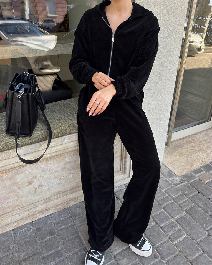Damen cropped Kapuzen-Zipjacke mit gerafftem Elastiksaum und hochtaillierter Relax-Hose aus softem Sweat Drune