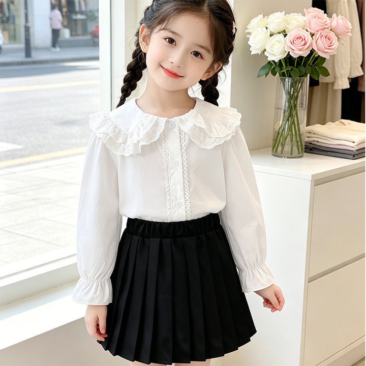 Mädchen Bluse mit voluminösem Spitzenkragen und Rüschendetails Drune