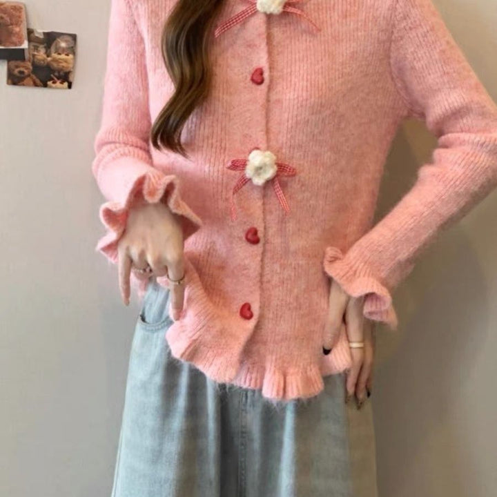 Damen Strickjacke mit dekorativen Blumenmotiven Drune