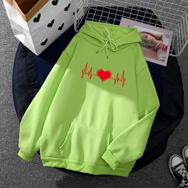 Unisex nan oversized Kapuzenpullover mit Herz-EKG-Print und Kängurutasche Drune