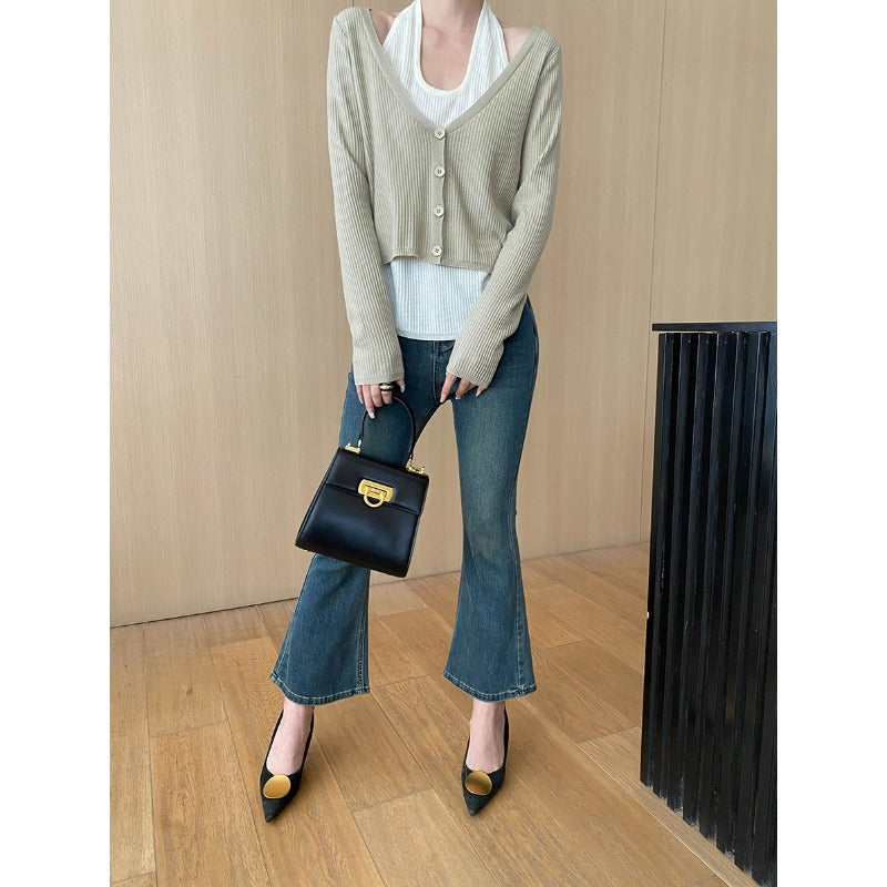 Damen lässige Strickjacke mit V-Ausschnitt und Knopfdetails Drune