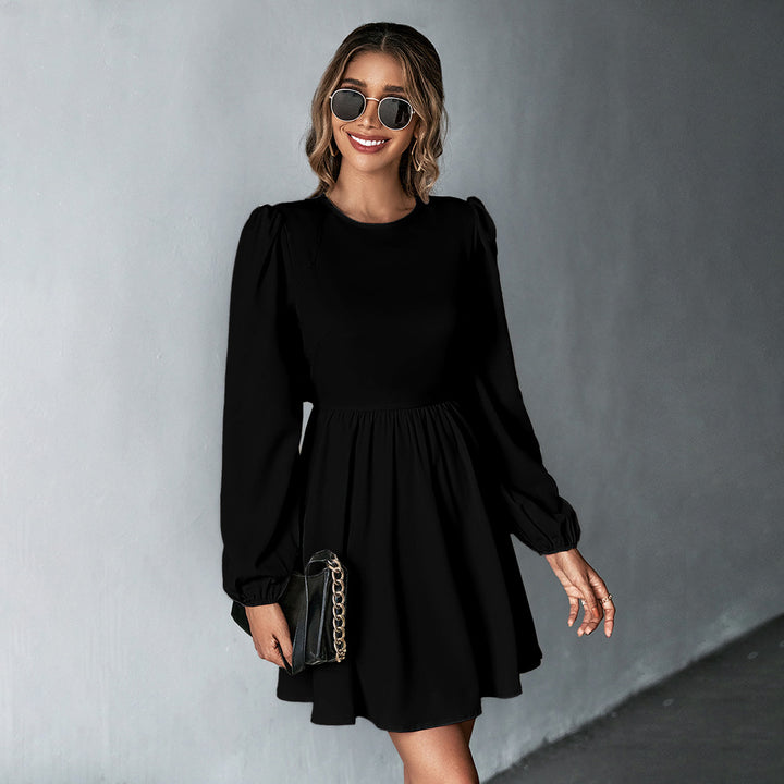 Damen schickes Cocktailkleid mit geraffter Taille, langen Ballonärmeln und rundem Ausschnitt Drune