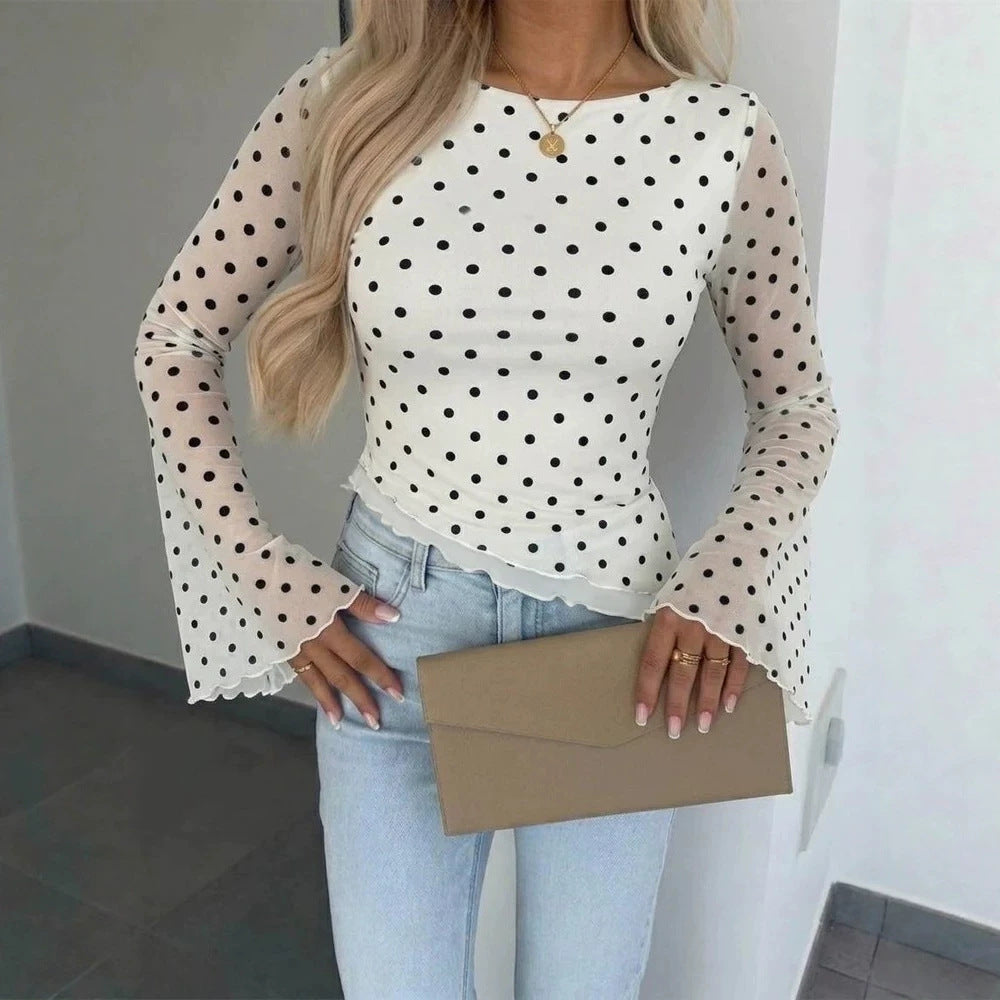 Damen Transparente Mesh-Polka‑Dot-Bluse mit taillierter Passform und Glockenärmeln Drune