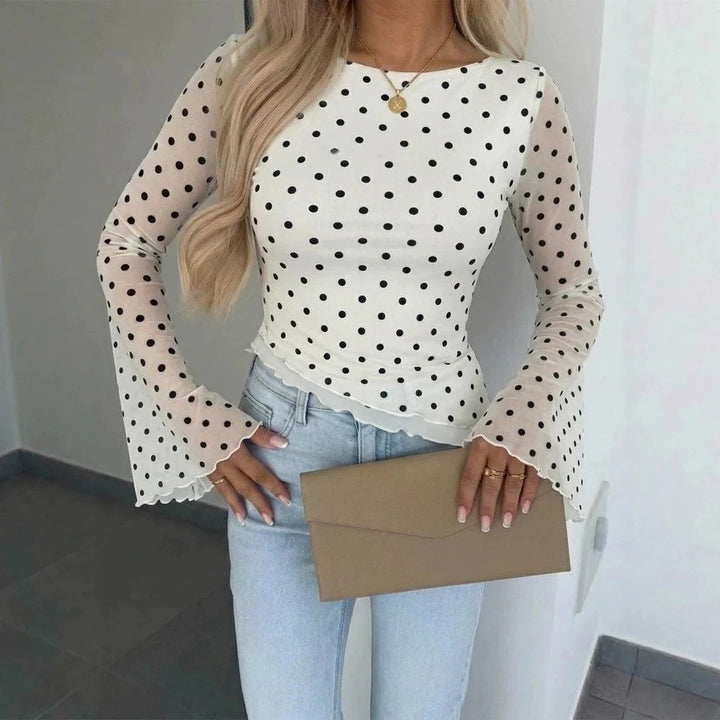 Damen Transparente Mesh-Polka‑Dot-Bluse mit taillierter Passform und Glockenärmeln Drune