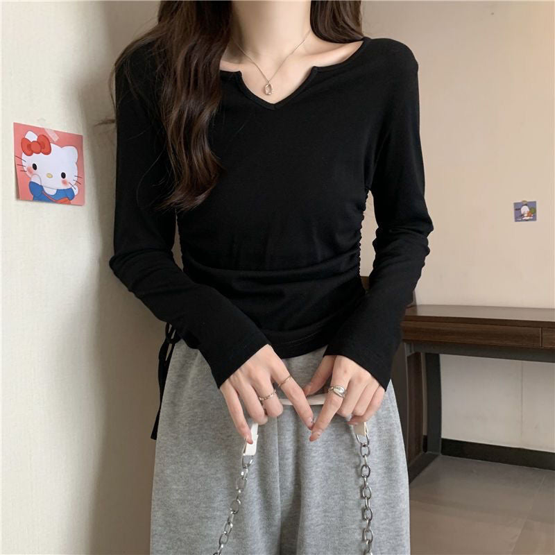 Damen vielseitiges Langarmshirt mit modischem V-Ausschnitt und Raffung Drune