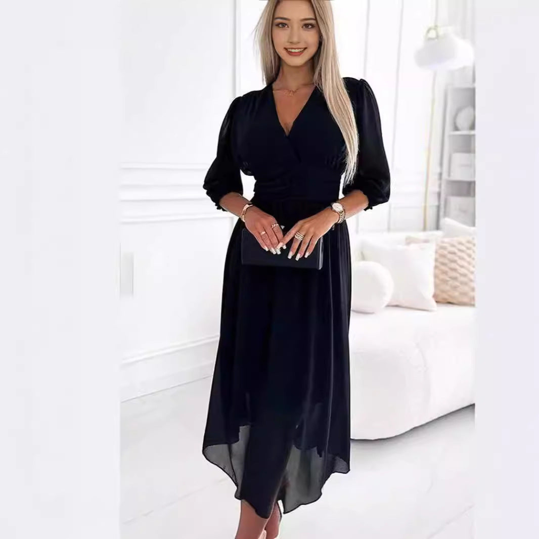 Damen Chiffon Maxi Kleid mit V-Ausschnitt, Rüschengesäß und 3/4 Ärmeln Drune