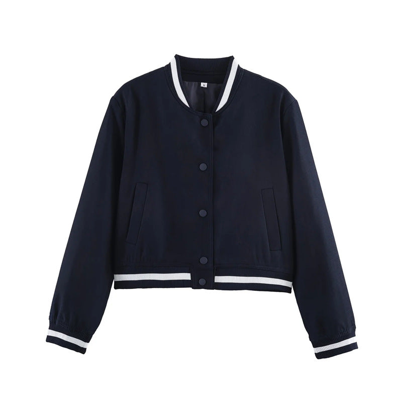 Damen nan kurzgeschnittene Bomberjacke im Varsity-Stil mit Rippbündchen und Druckknopfverschluss Drune