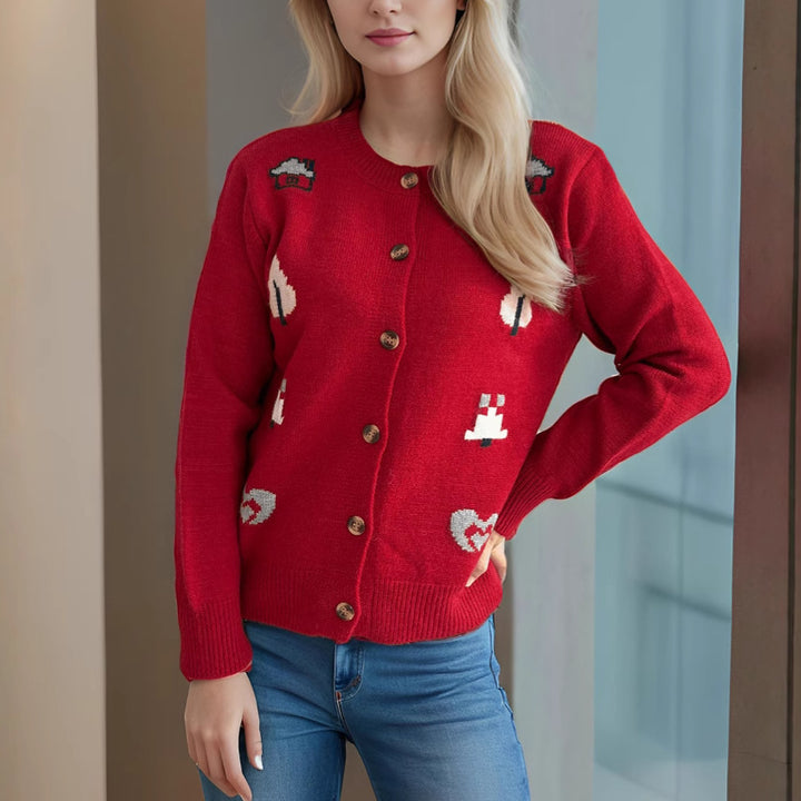 Damen Strickjacke mit bunten Applikationen und Knopfverschluss Drune
