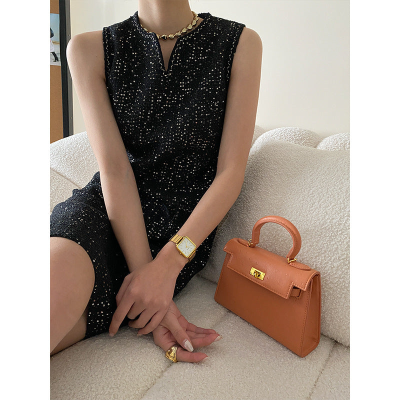Damen elegantes ärmelloses Kleid mit strukturiertem Gewebe und Taschen Drune