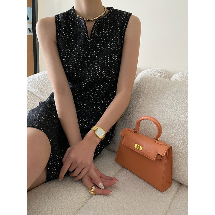 Damen elegantes ärmelloses Kleid mit strukturiertem Gewebe und Taschen Drune